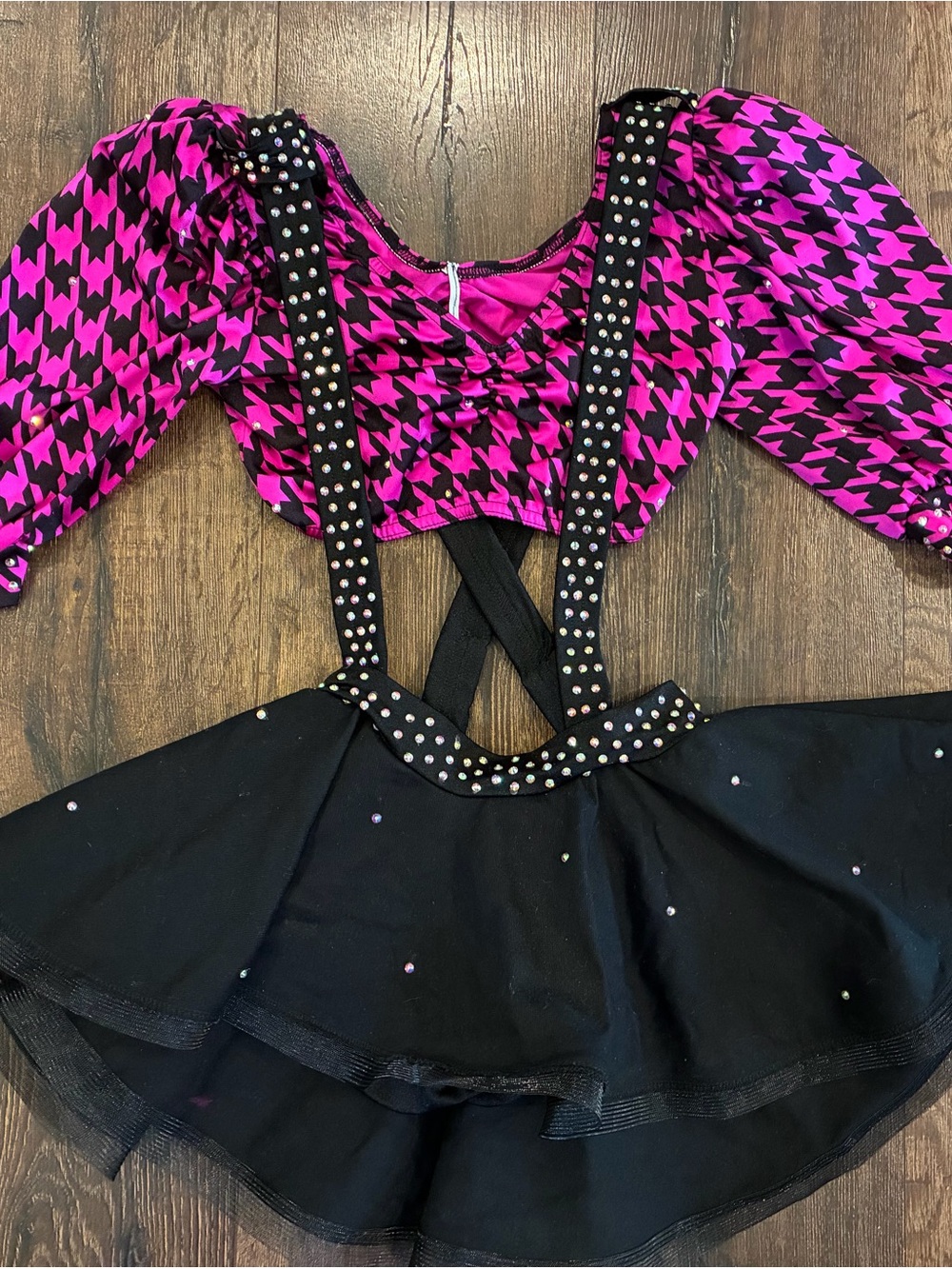 Kelle size teen Hot Pink Dance Costume with Black Skirt and rhinestones